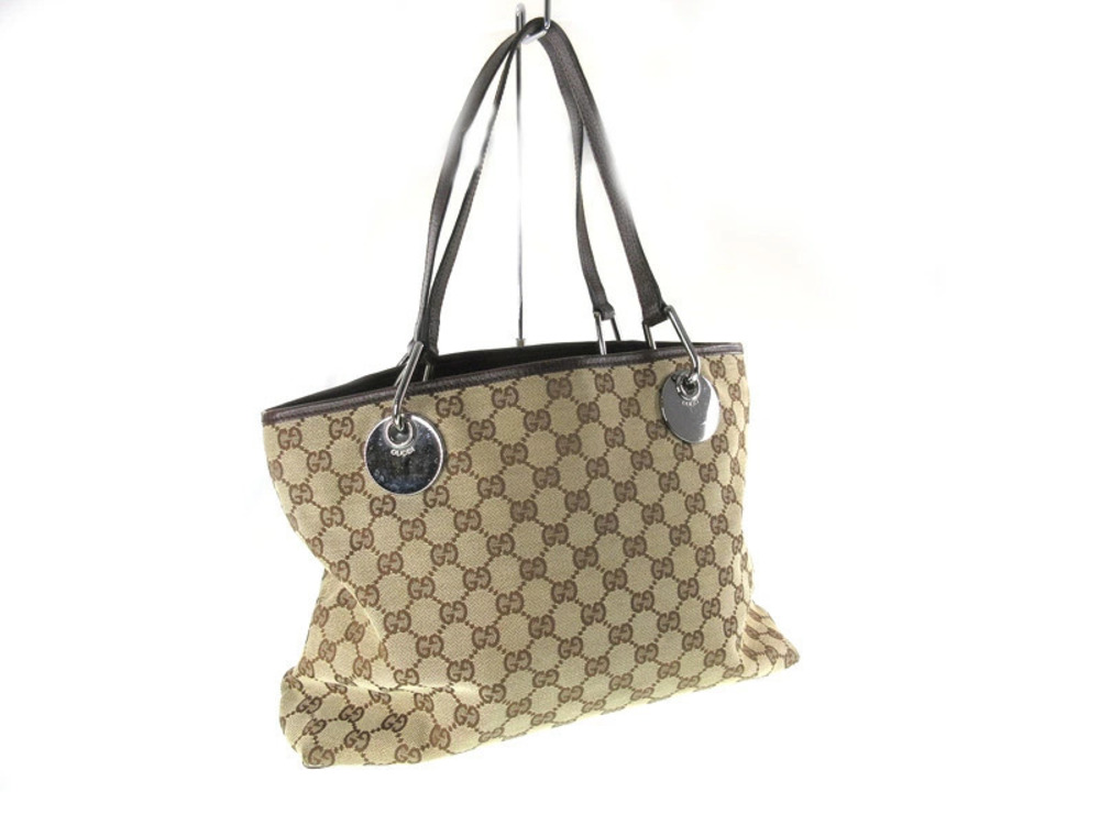 Gucci Canvas Tote Leather Shoulder Beige Bag Brown